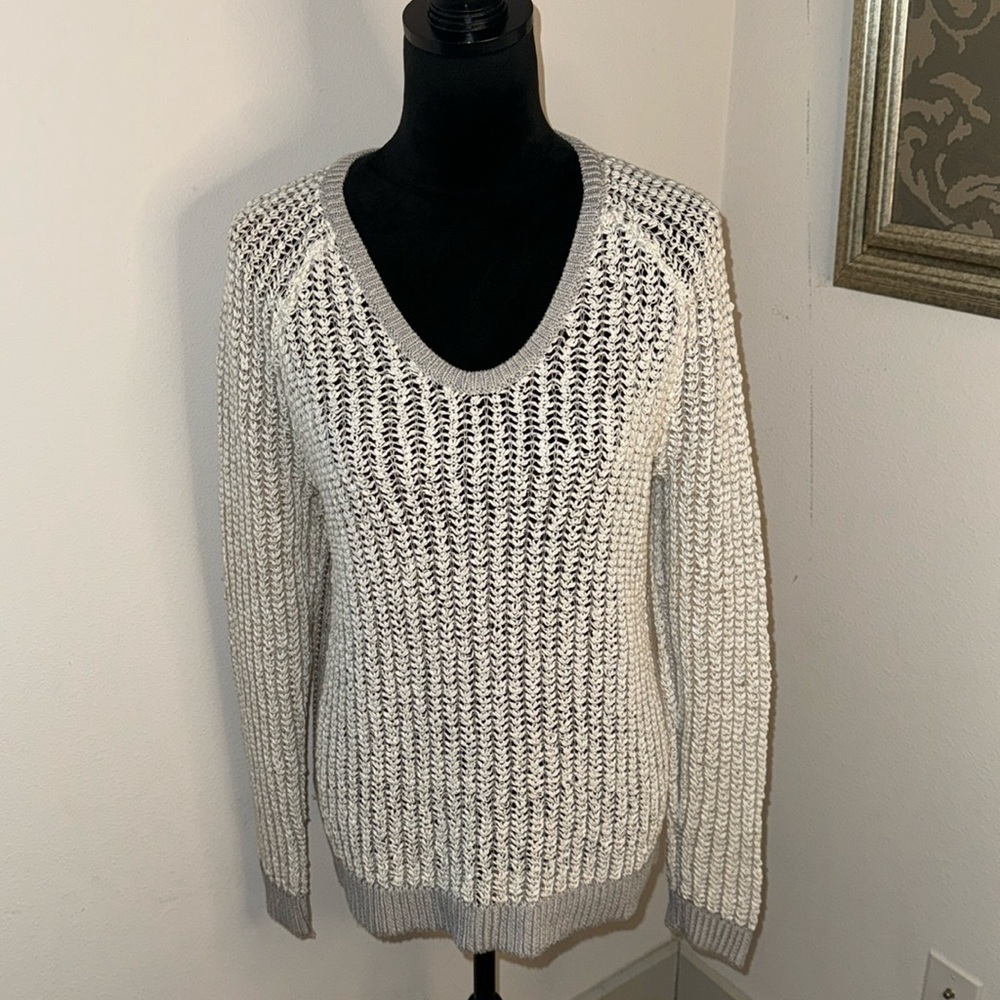Lou & Grey cotton linen blend color‎ block marled ivory gray sweater open knit M
